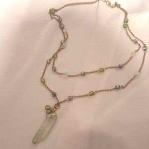 Artisan Double Strand Gold Chain Green Crystal Quartz Necklace